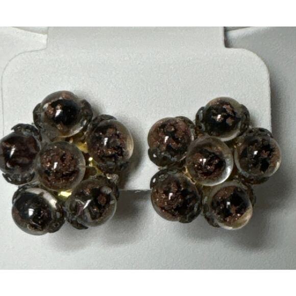 Vintage glass bead cluster clip earrings, brown marked made in Italy - Picture 6 of 12